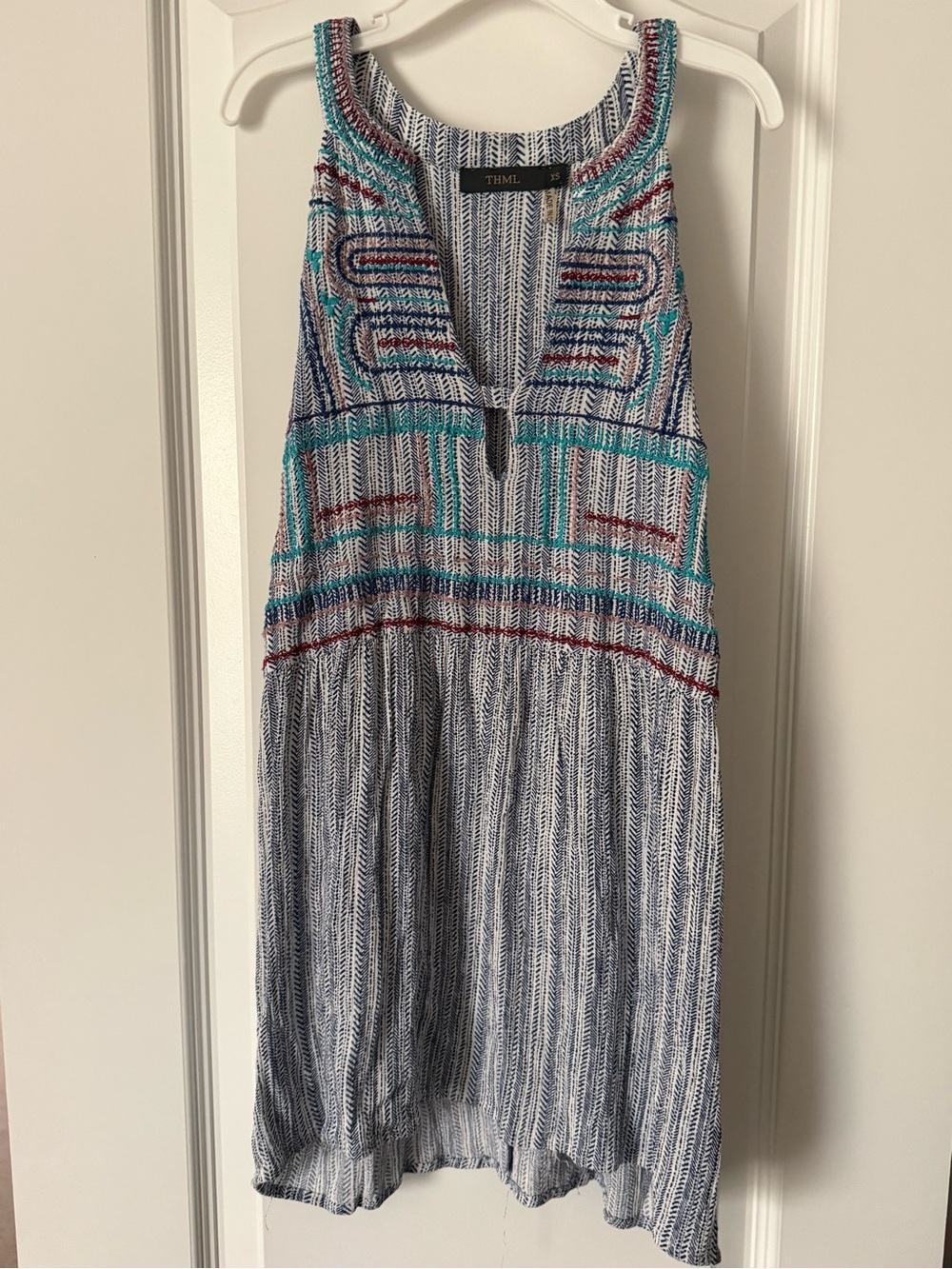 THML Striped Embroidered Sleeveless Dress in Navy, Teal & Red